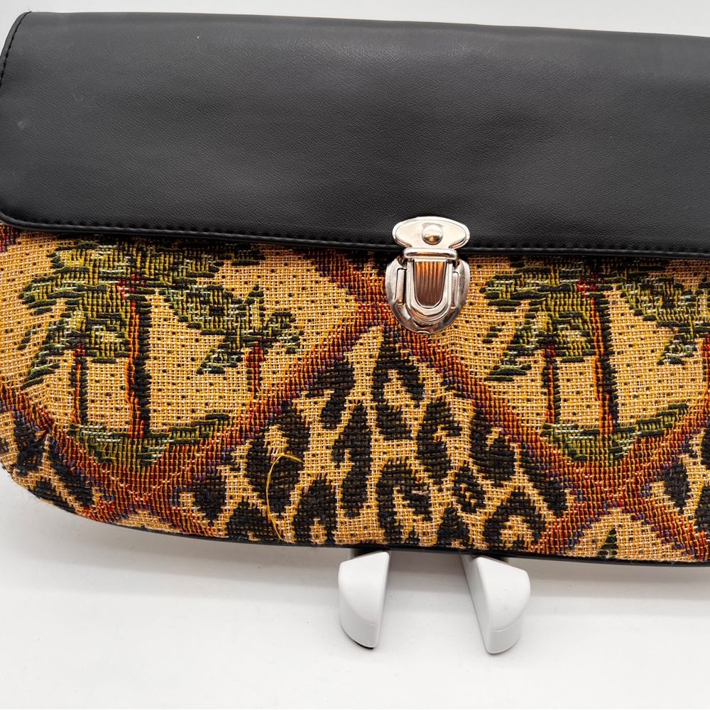 Vintage Tapestry Clutch Depicting Palm Trees & Leopard Print Black Faux Leather